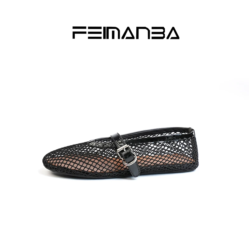 FEIMANBA夏季新款黑色镂空网布平底芭蕾鞋一字扣渔网鞋玛丽珍