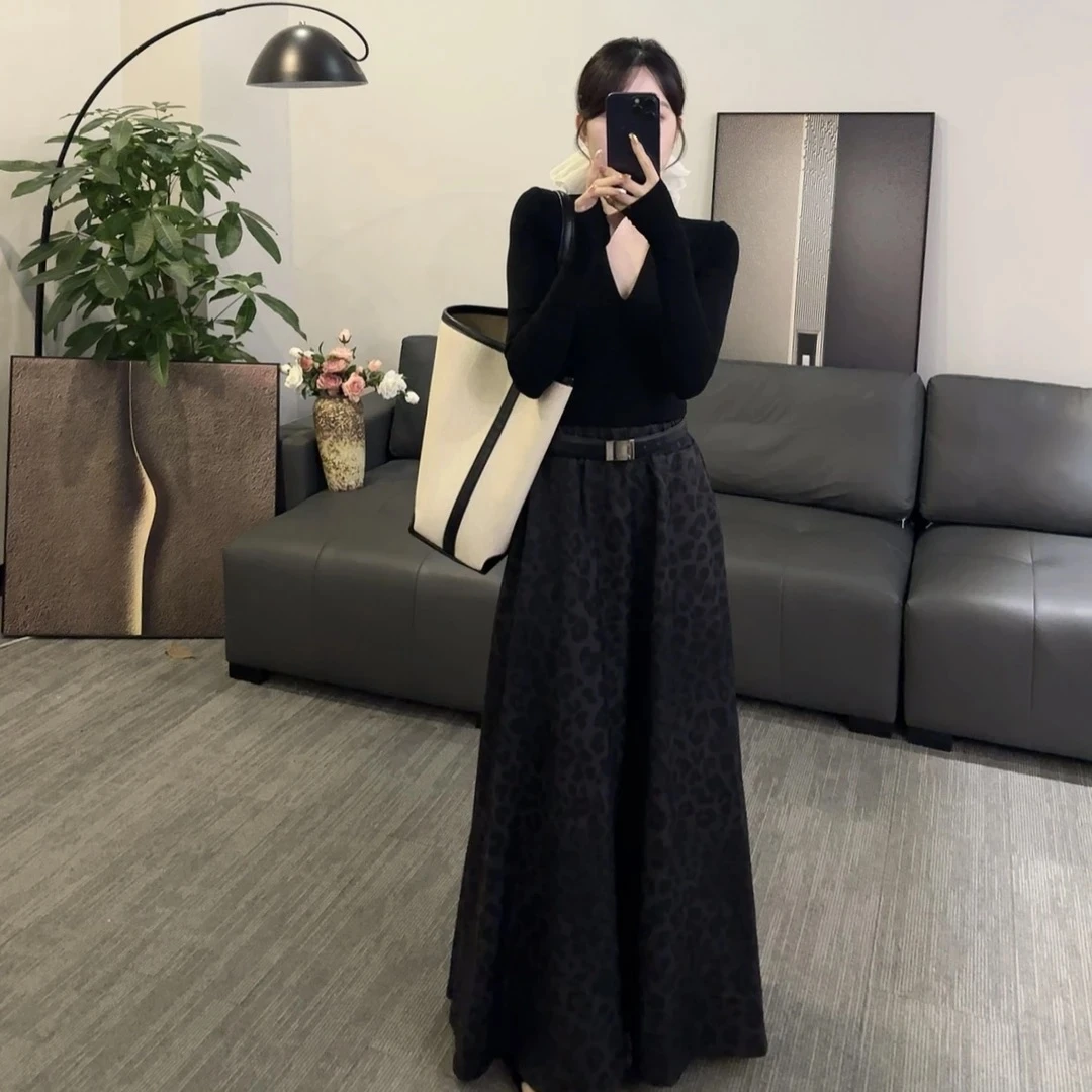 复古港风2025新款高腰豹纹伞裙百搭打底针织秋冬季套装轻熟女装
