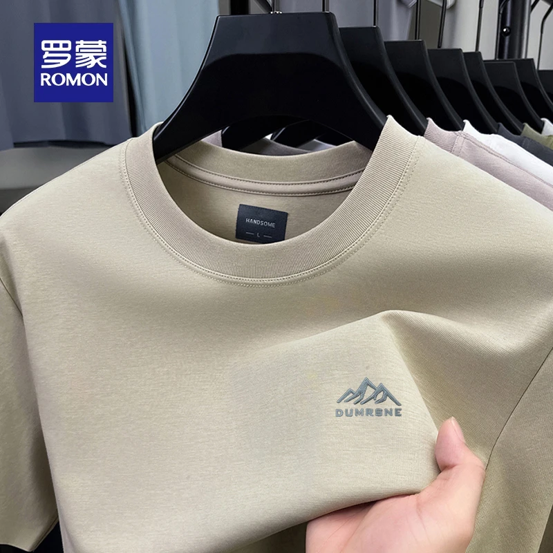 罗蒙男士短袖t恤夏季新款潮流纯色简约圆领上衣休闲凉感棉体恤衫T