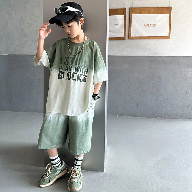 男童套装夏季薄款渐变2025中大童休闲韩版时尚两件套儿童宽松洋气