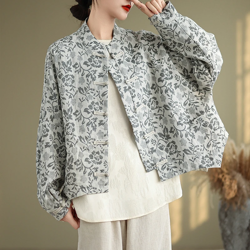 新中式提花上衣文艺复古通勤风休闲宽松长袖灰花盘扣立领衬衫外套