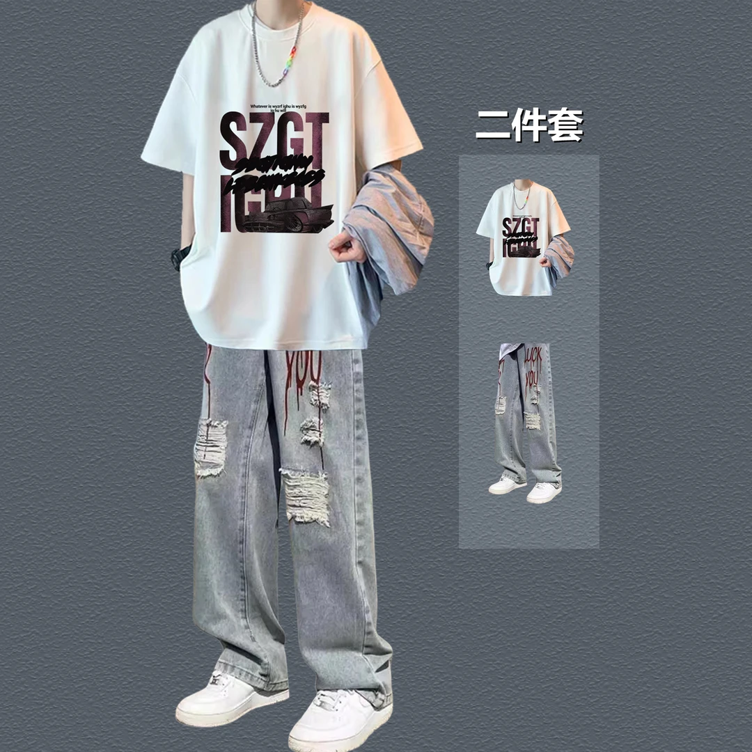 美式潮牌纯棉短袖t恤男宽松夏季套装潮流痞帅青少年男装一套帅气