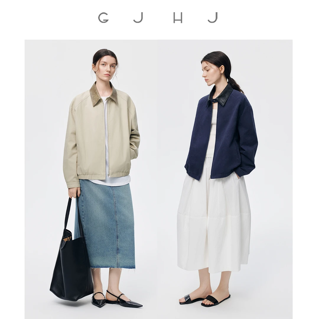 gjhj智性巴恩风 复古老钱风夹克 纯棉领口撞色工装风宽松短外套女