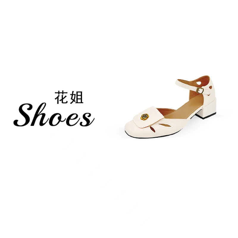 粗跟气质中跟透气简约山茶花玛丽珍一字带高跟鞋-5507