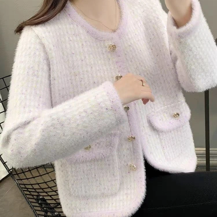 小香风高级设计感水貂绒毛衣外套女秋冬时尚韩版宽松短款休闲开衫