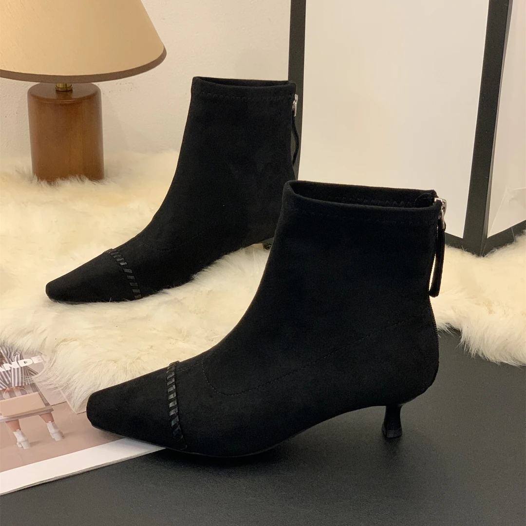 时尚弹力靴2025新款秋冬绒面气质瘦瘦靴百搭尖头小众简约细跟短靴