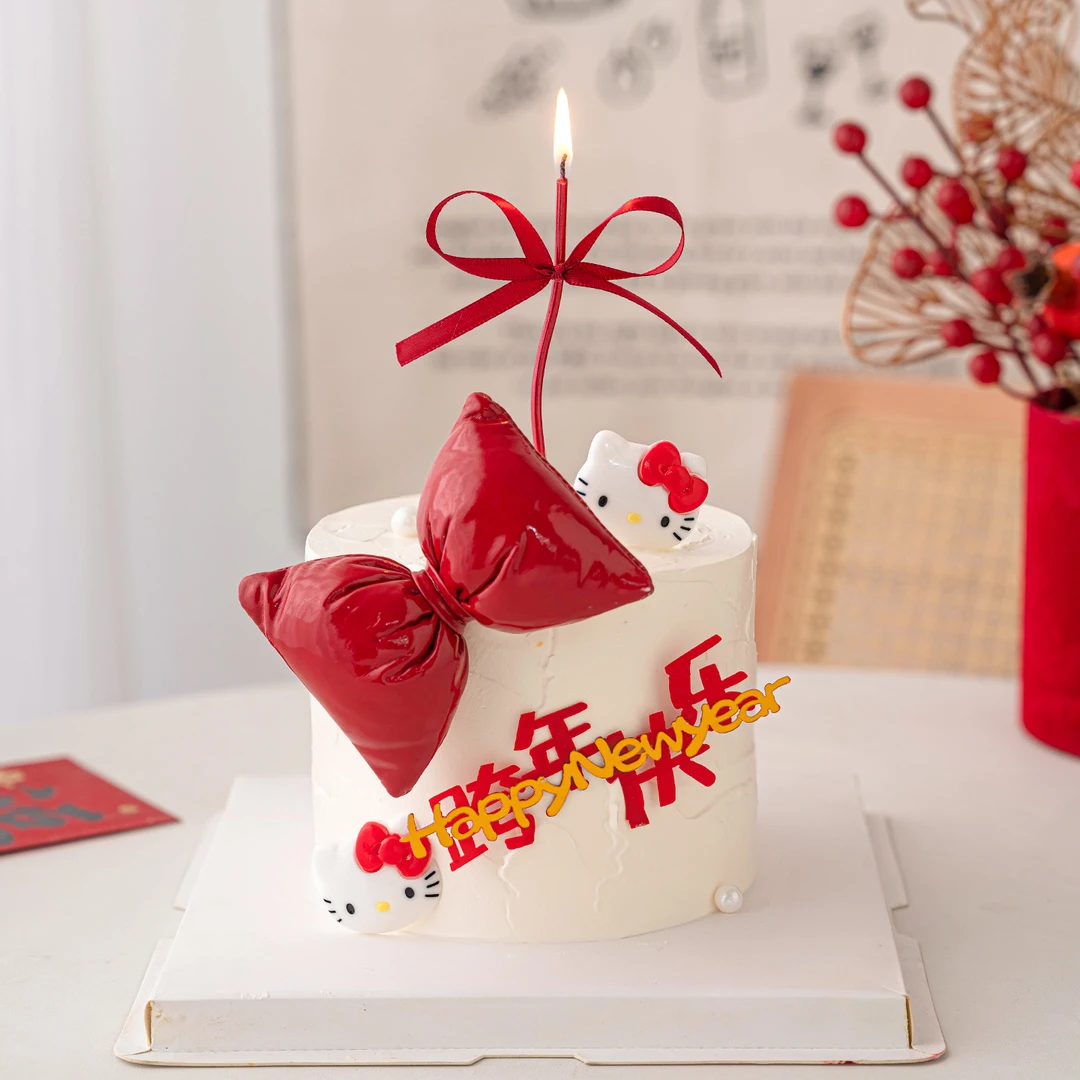 2026跨年快乐蛋糕装饰网红PU红色蝴蝶结小猫新年元旦派对甜品插件