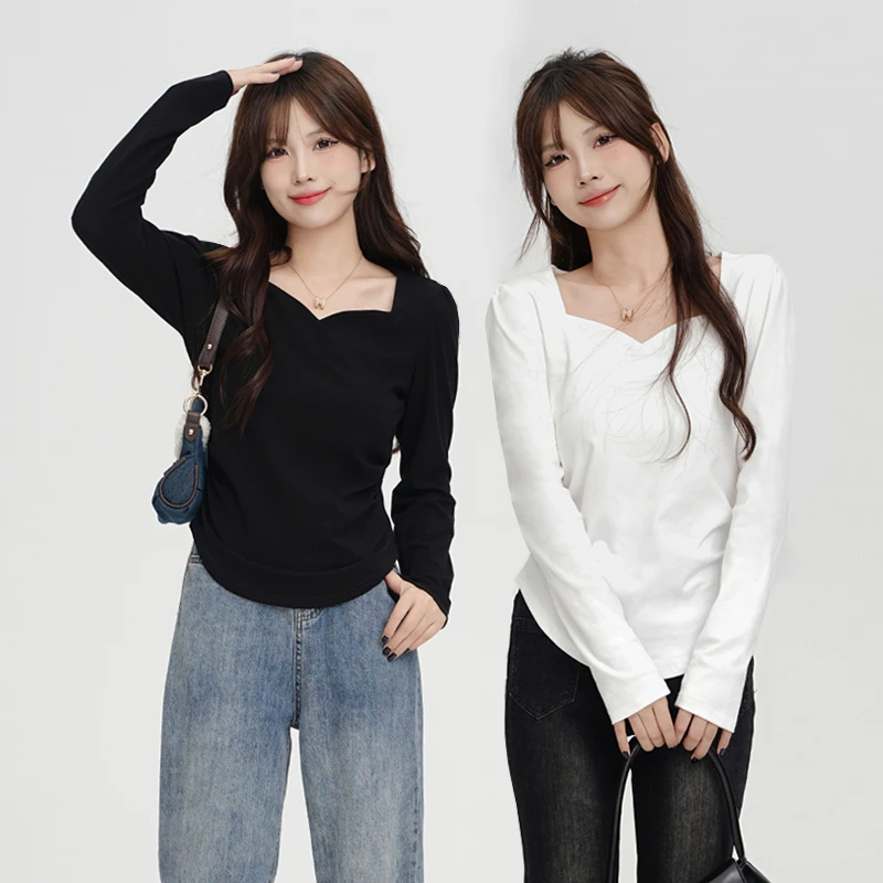 【A9997】新款大码女装胖mm白色方领长袖遮肚子内搭上衣打底衫藏肉