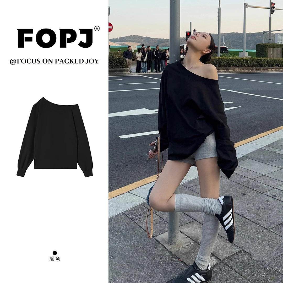 FOPJ韩版简约风甜辣妹斜肩卫衣女春秋季新款长袖t恤休闲宽松上衣