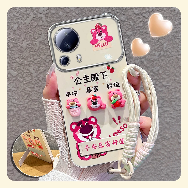 适用【小米civi3】手机壳粉色草莓熊大视窗折叠支架硅胶防摔女可爱
