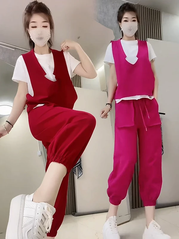 简约设计马甲短袖束脚裤休闲套装2025夏季新款减龄宽松显瘦三件套