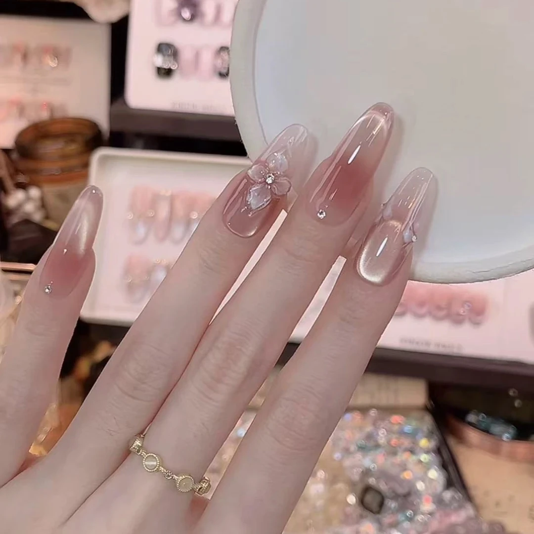 【冬日冰冻花】裸色冰冻花手工穿戴甲显白猫眼美甲款式推荐2025爆款