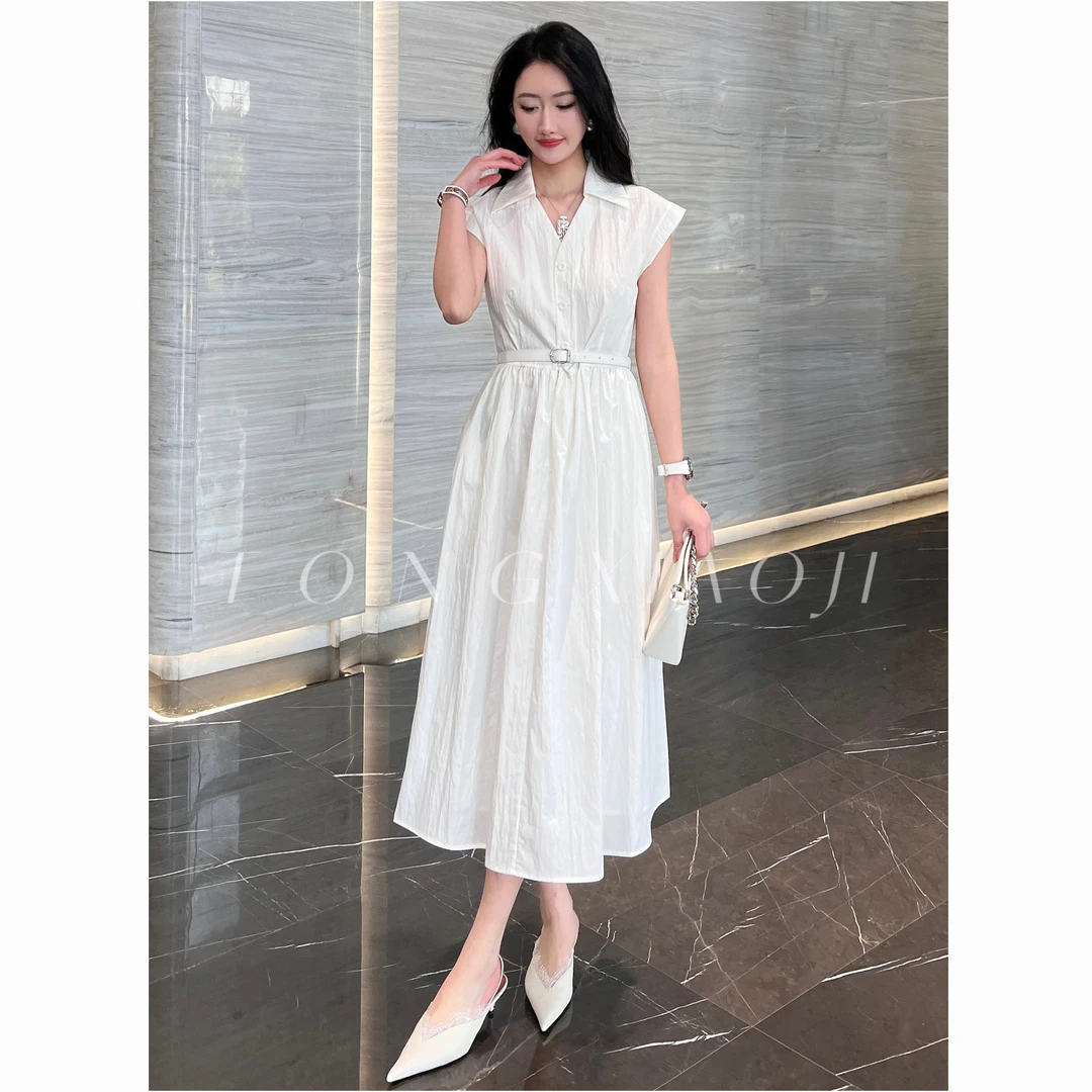 【白色梦屿】法式复古白色衬衫收腰气质长裙