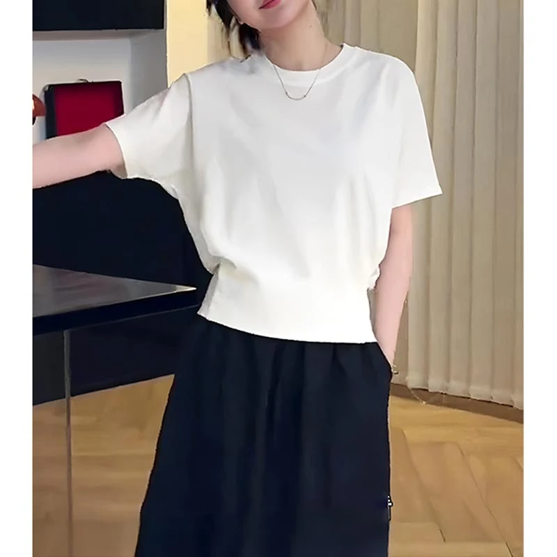 白色圆领短袖t恤女装通勤简约休闲风2025年夏新款设计感洋气减龄