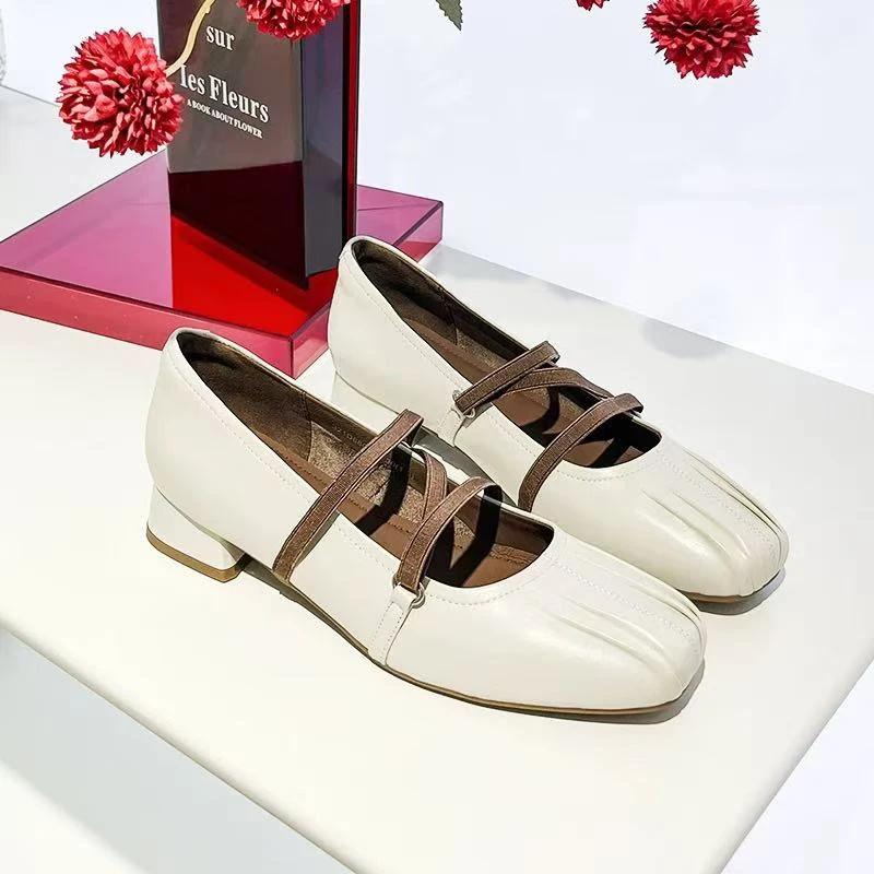 C1785 米白 高端大气方头舒适低跟真皮玛丽珍浅口女单鞋