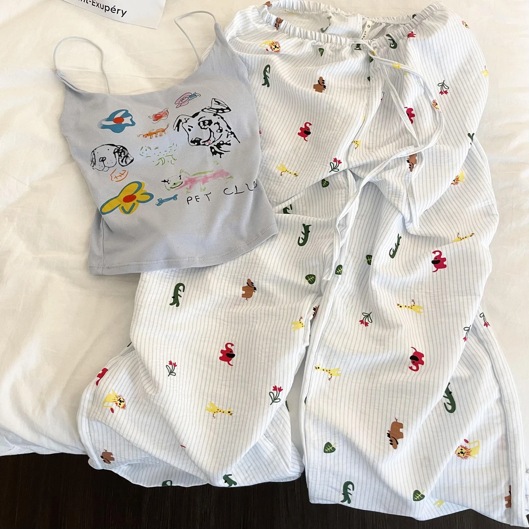 甜美少女卡通趣味小狗印花带胸垫吊带睡衣女春夏款大码家居服套装