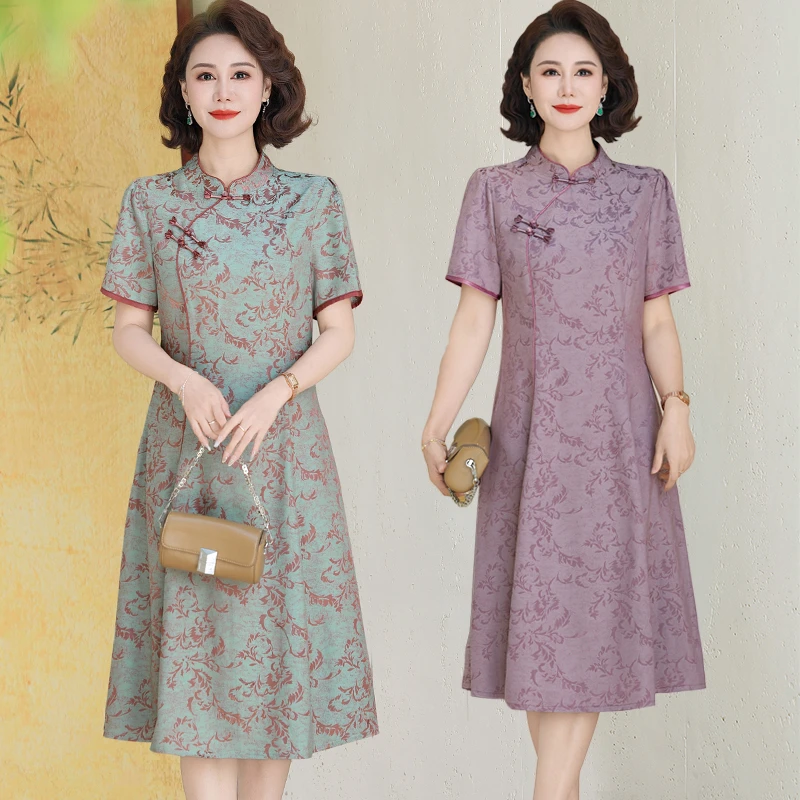 妈妈夏装气质中式改良旗袍连衣裙时尚中老年夏季女装国风短袖裙子