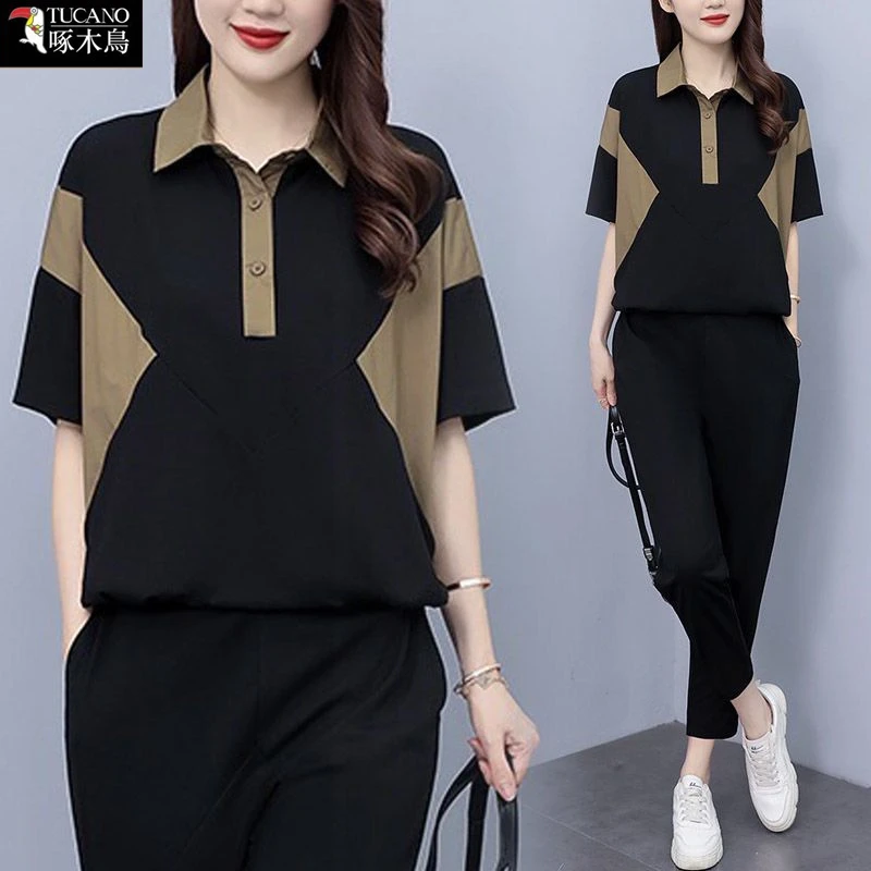 啄木鸟时尚套装潮夏季短袖大码翻领上衣2025年新款休闲裤两件套女