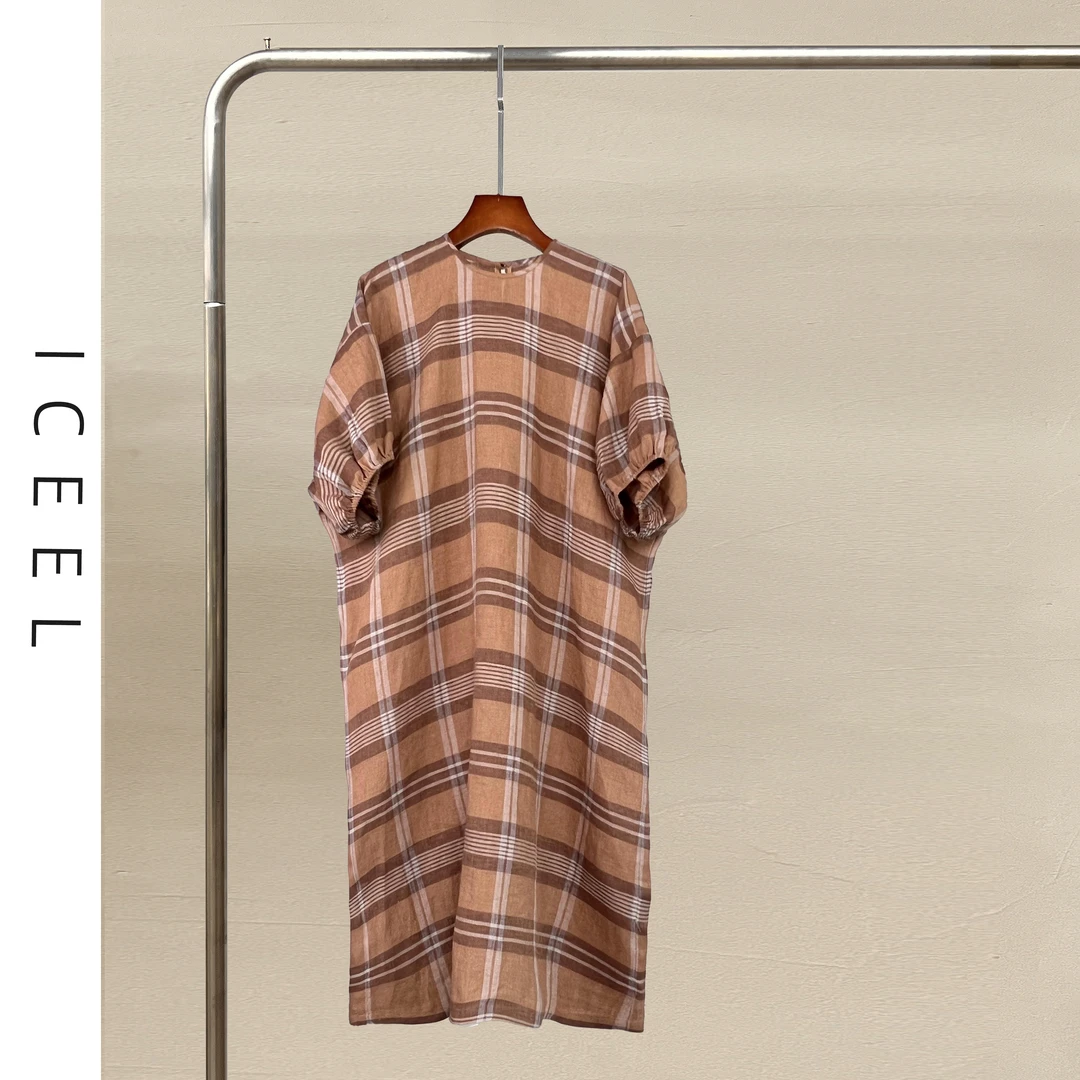 原创夏季新款复古气质亚麻格子连衣裙女轻薄款宽松舒适慵懒风长裙