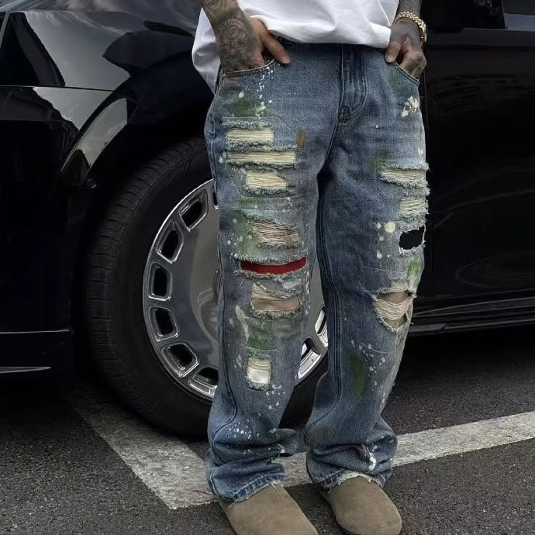 【泼墨补丁牛仔裤】重工水洗复古高街磨烂秋新男士直筒浅蓝裤子长裤