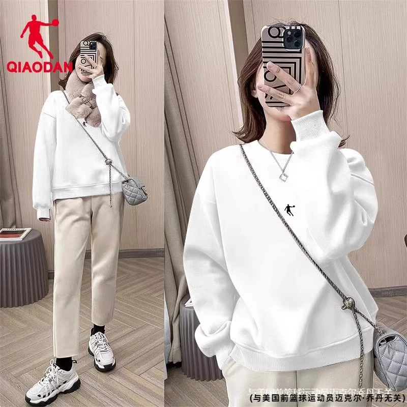 乔丹卫衣女女装2025新款冬季白色针织上衣宽松内搭长袖圆领套头衫