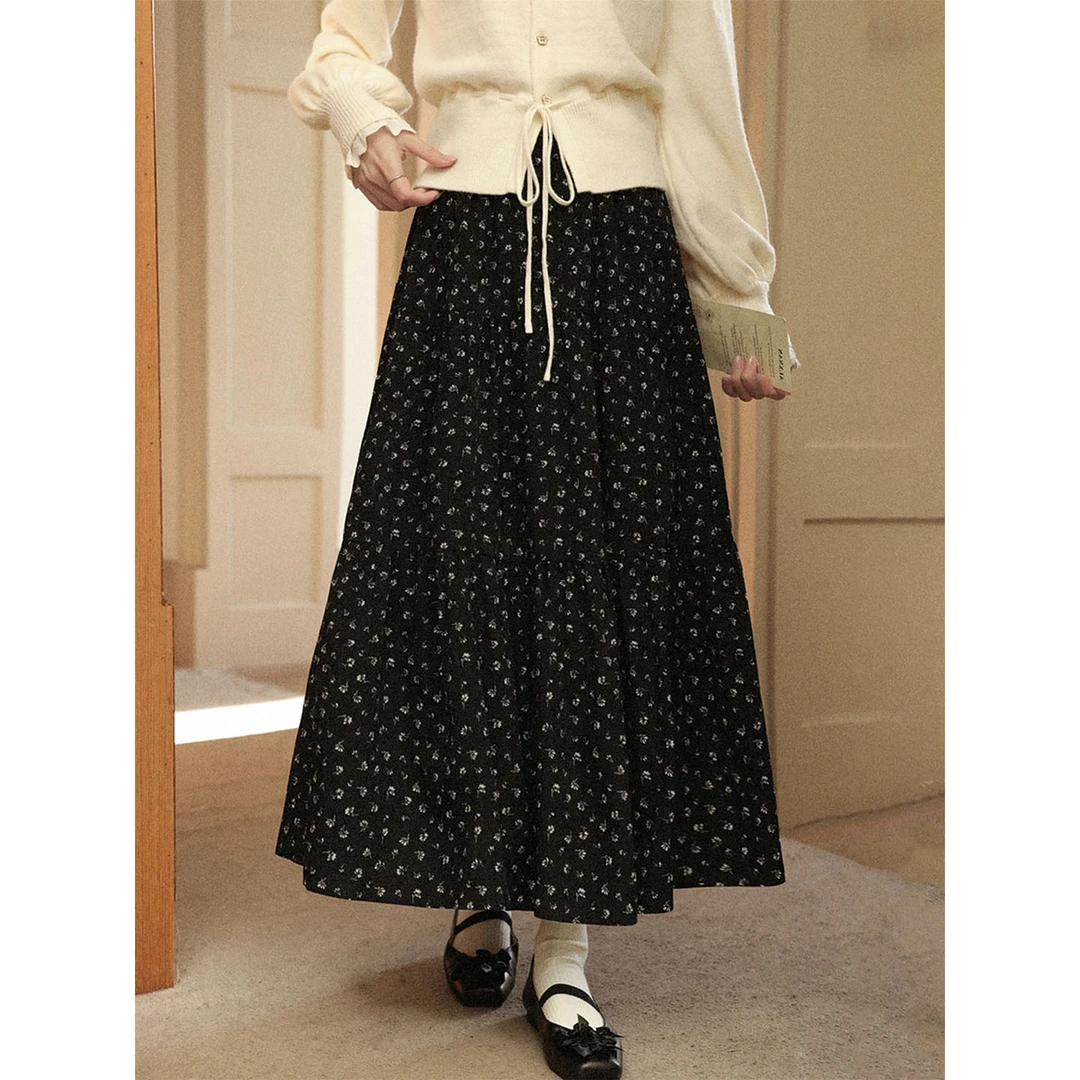 韩系黑色碎花遮胯遮肚子半身裙女秋季大码梨型宽松显瘦松弛感长裙