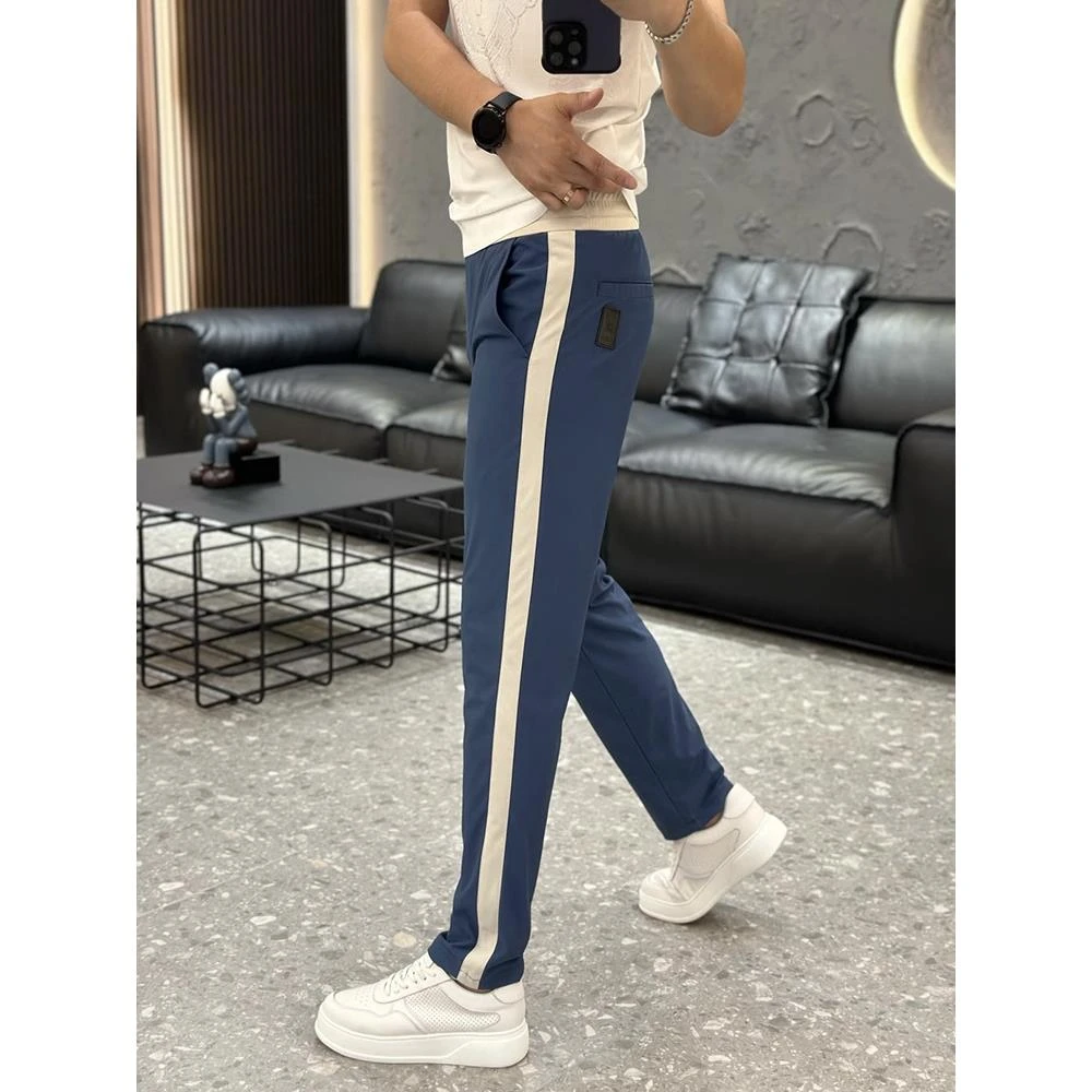 运动阔腿裤男士春秋冬季新款欧货垂感条纹休闲裤修身弹力直筒卫裤