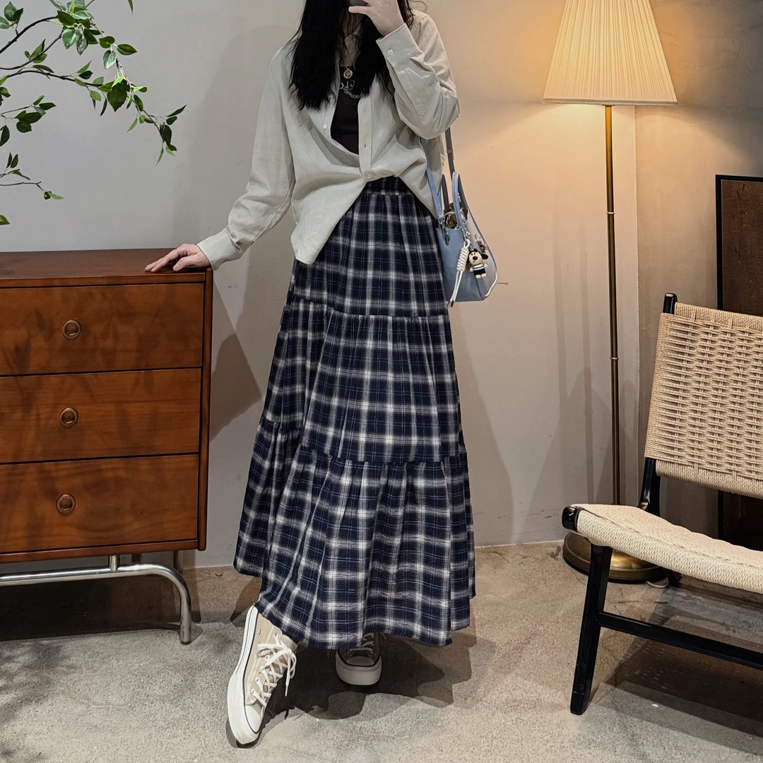 韩系百搭时尚简约复古气质设计感毛须边格子蛋糕裙-M25201305