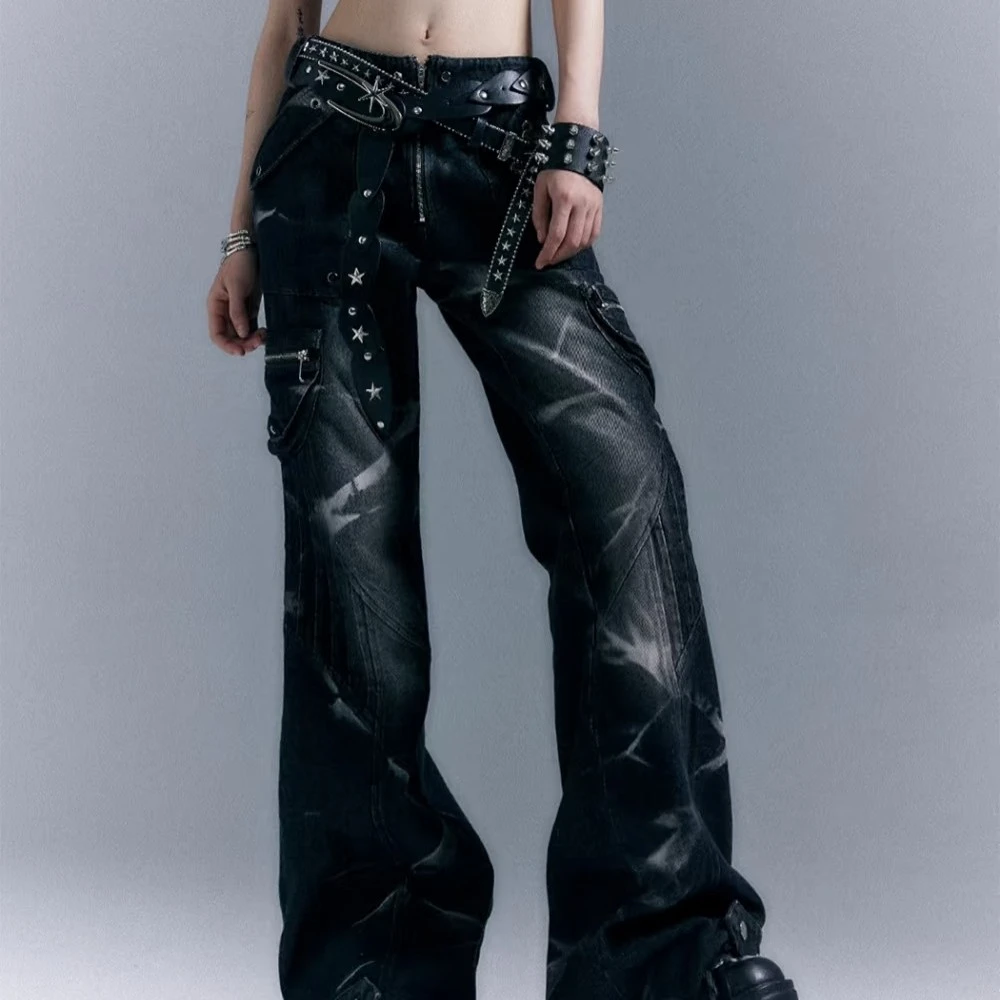 女美式辣妹个性设计师长裤（A000-A027）直筒直筒休闲复古做旧街头