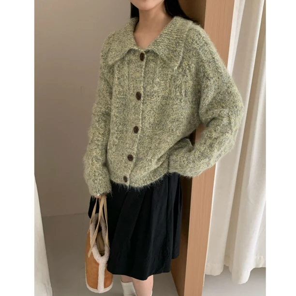 韩系女装秋季新款复古麻花彩色纱线翻领单针织羊毛开衫长袖外套