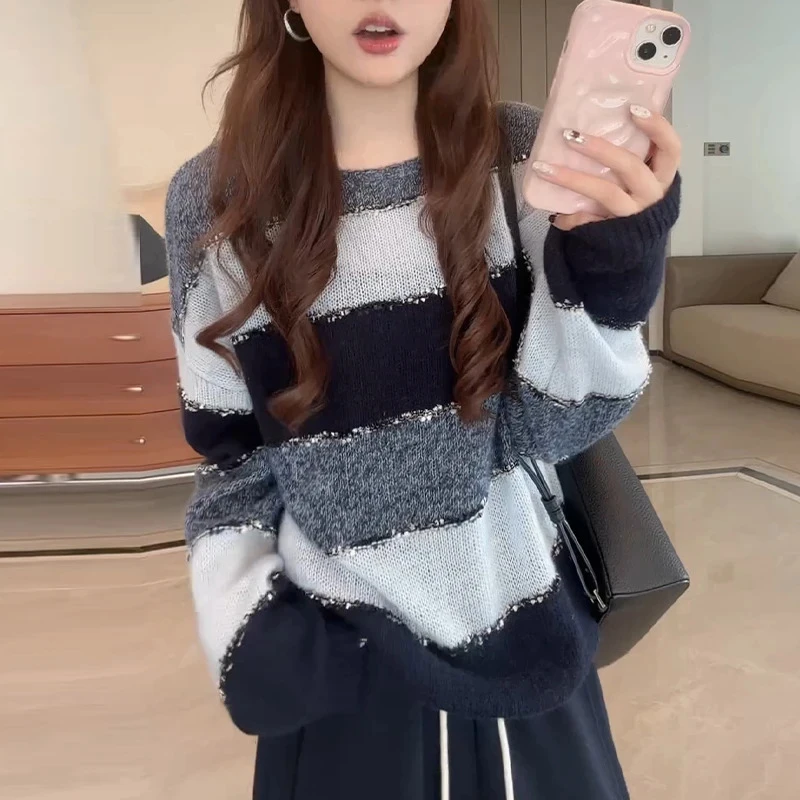 日系慵懒软糯毛衣外套女2025秋季新款宽松时尚显瘦圆领套头针织衫