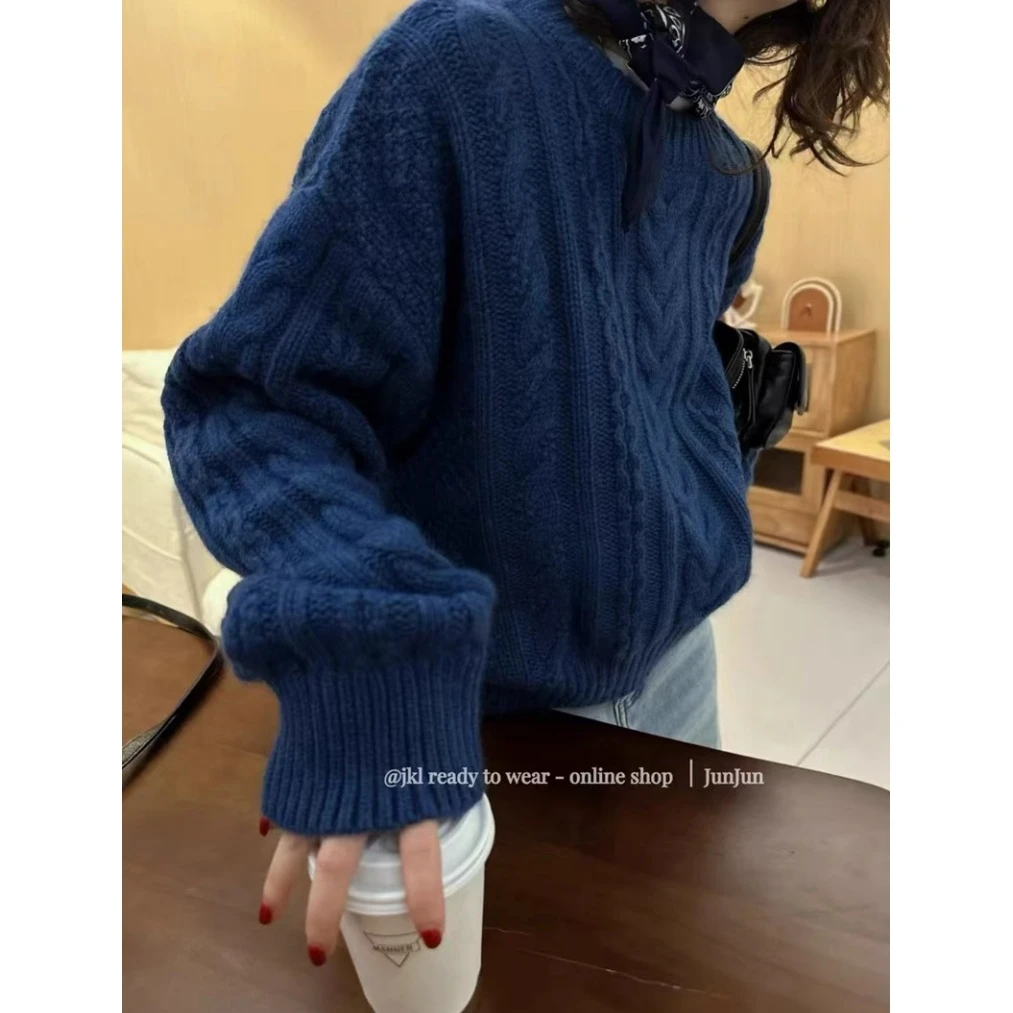 复古蓝落肩麻花」加厚小个子！慵懒风韩版宽松针织毛衣女秋冬氛围感