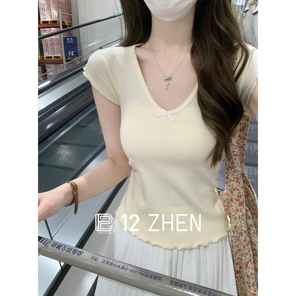 2025夏季韩版v领插肩木耳边甜美设计感百搭简约纯色短袖T恤上衣女