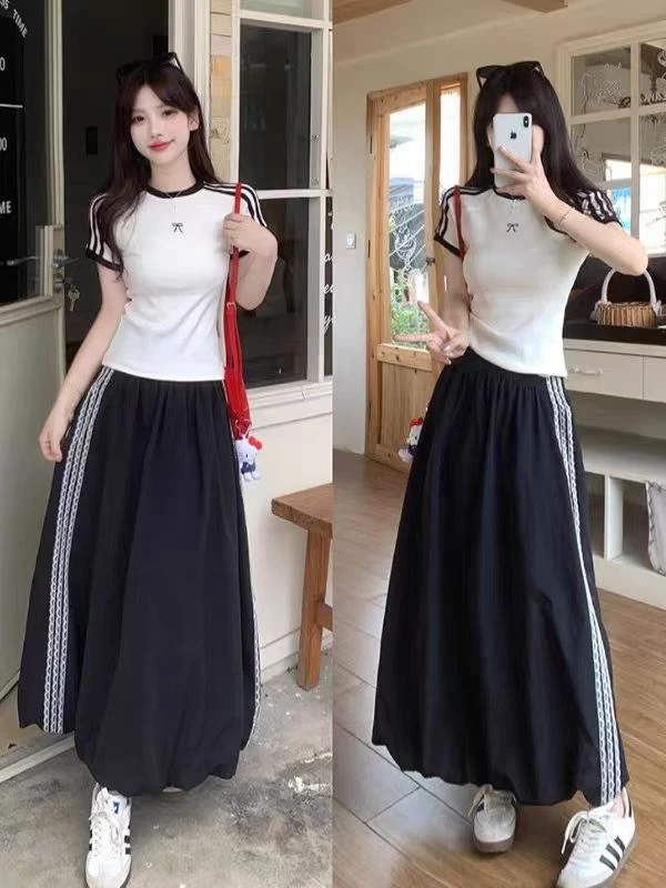 （80-200斤）休闲运动风套装夏季条纹正肩短袖上衣半身裙两件套1823