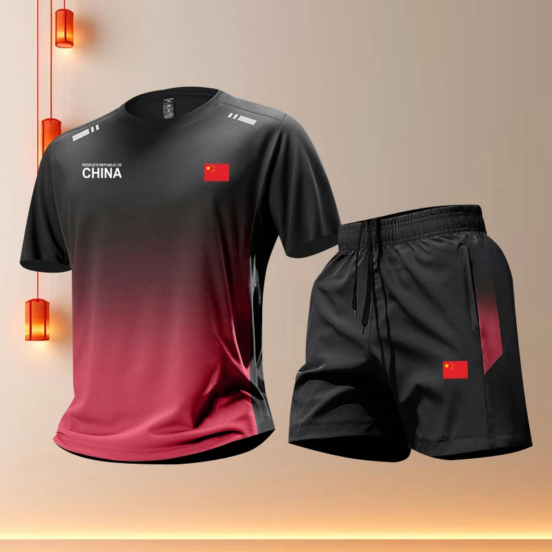 中国队运动服套装男晨跑步短袖短裤夏季速干衣羽毛球健身衣服定制