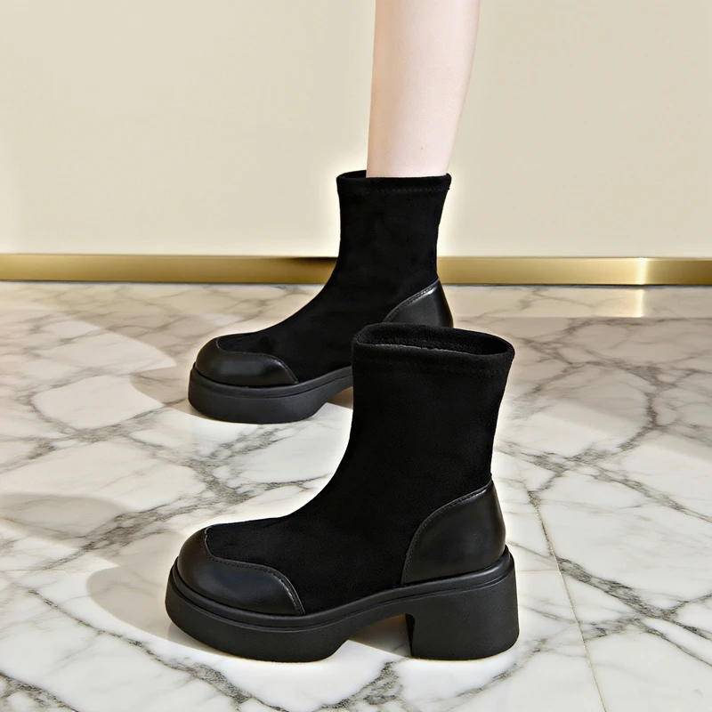 马丁靴女靴真质感黑色单里-黑色加绒时装靴秋冬百搭厚底