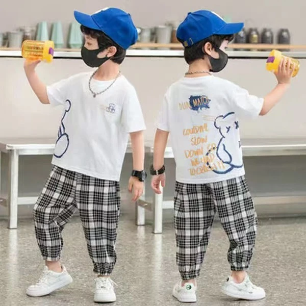502271童装男童套装2025春季休闲格子洋气两件套套装宝宝潮酷衣服