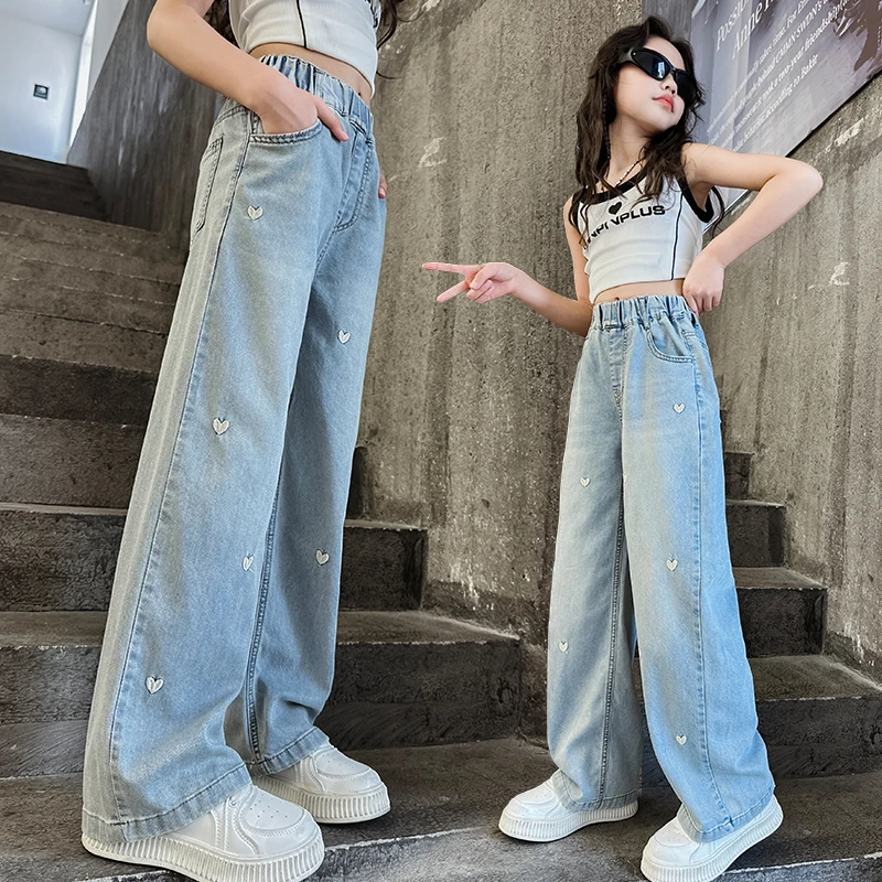 女童牛仔裤春夏季薄款休闲直筒长裤中大儿童春装爱心刺绣阔腿裤子