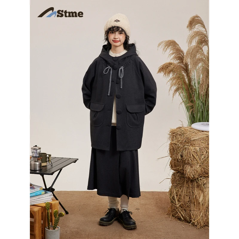 saotome宽松街头磨毛人字纹毛呢抽褶连帽大衣秋冬STMDY243271