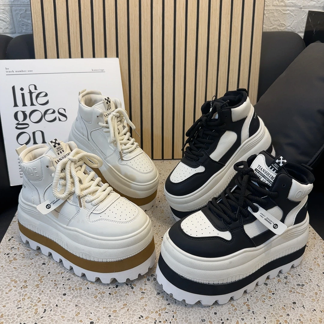 小个子超高跟厚底松糕鞋女2025年新款增高休闲小白鞋高帮板鞋单鞋