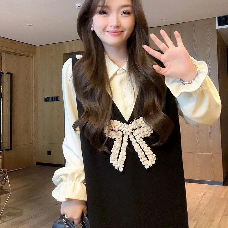 胖颖专属大码春季新款蝴蝶结装饰连衣裙假两件裙1727