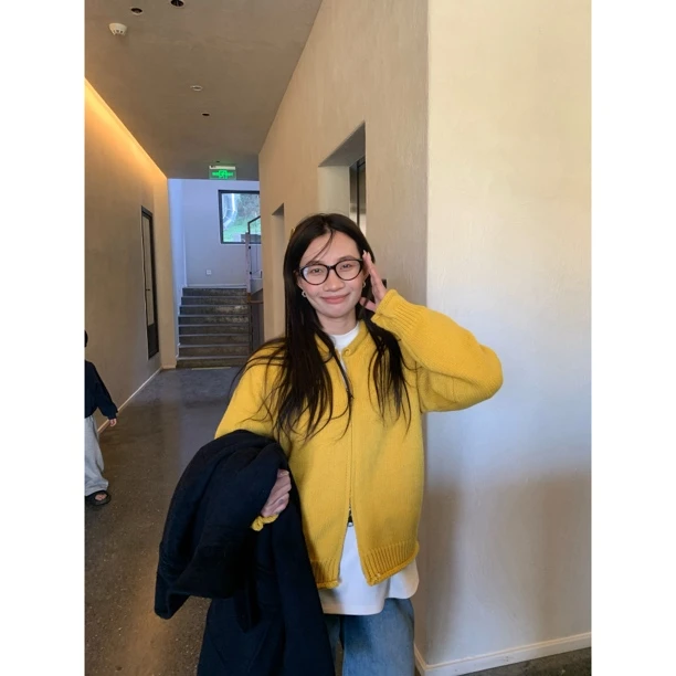 ONNI韩系纯色百搭针织开衫小个子短款双拉链毛衣外套休闲上衣#523