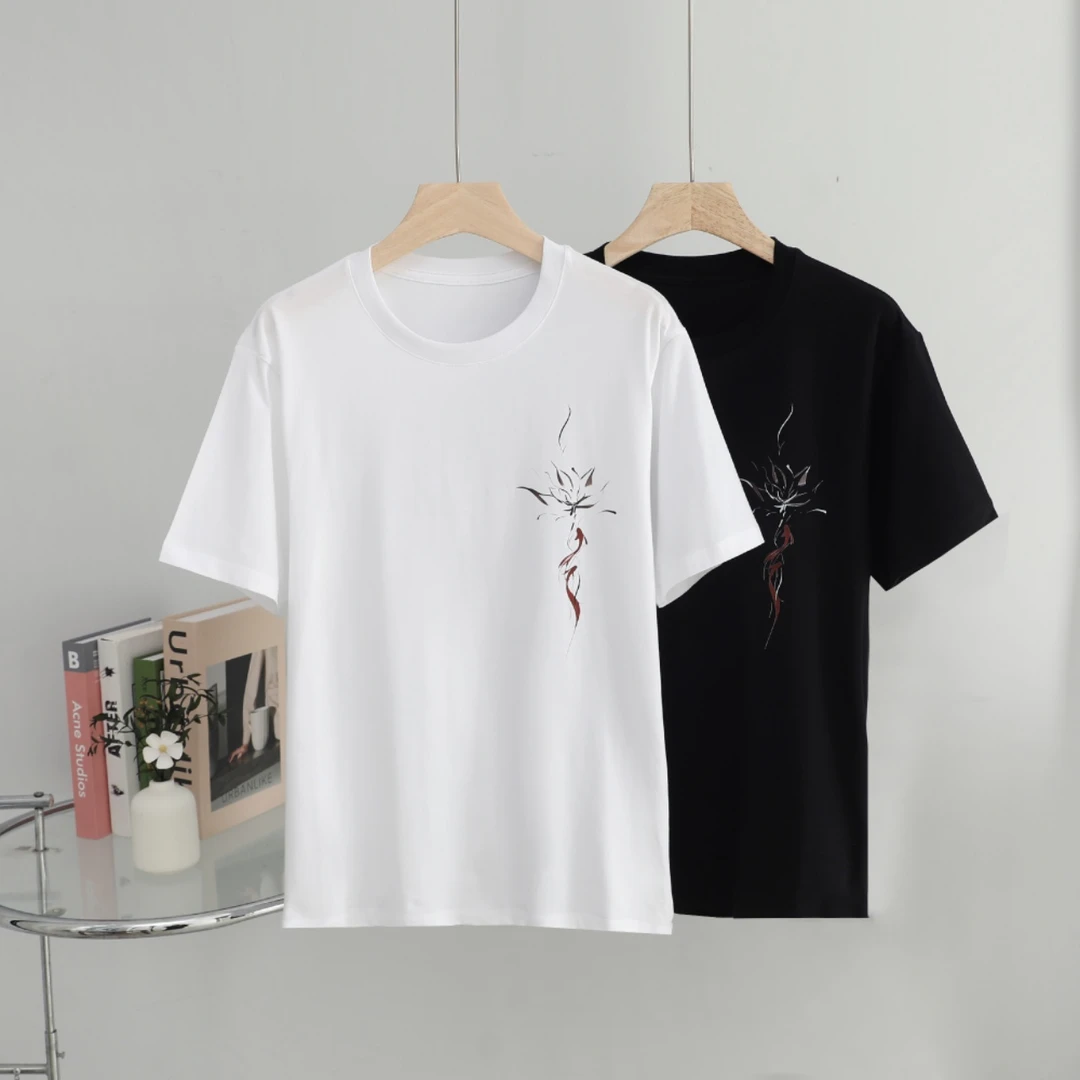 男式夏季国潮个性简约锦鲤莲花印花百搭宽松纯棉T恤
