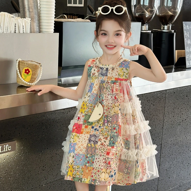 女童夏装背心连衣裙2025新款洋气大童碎花裙子女孩夏季儿童公主裙