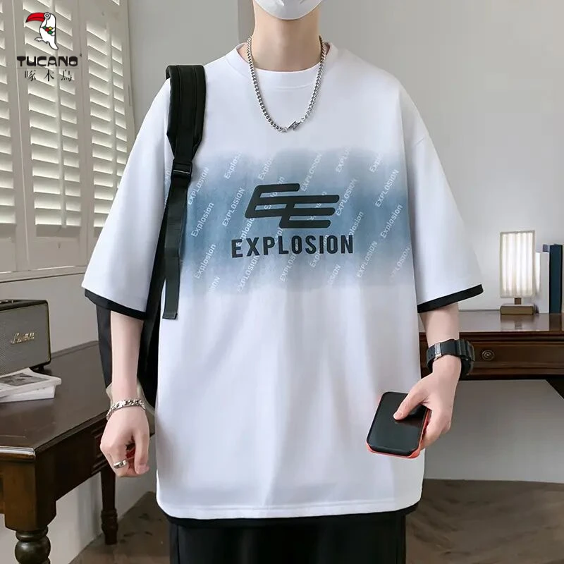 啄木鸟短袖T恤男2025夏季青少年潮流印花半袖t学院风百搭学生宽松