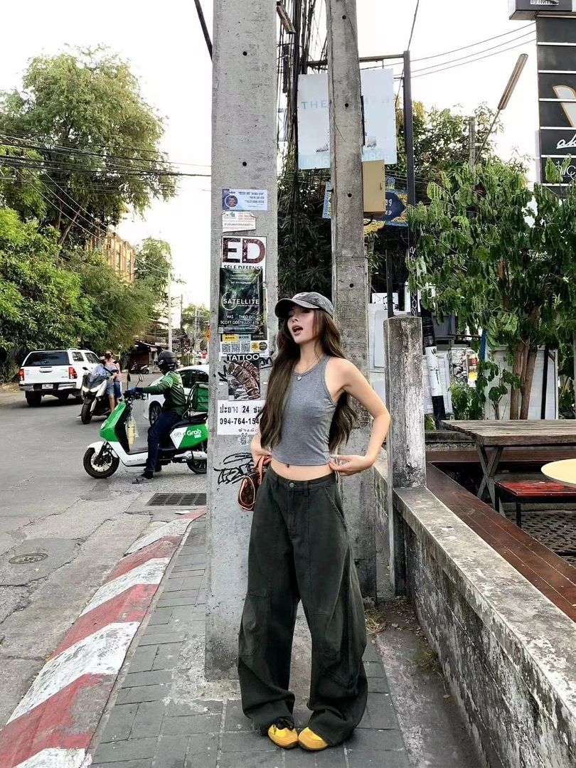 美式复古弯刀夏百搭休闲宽松设计感显瘦阔腿工装裤上衣女