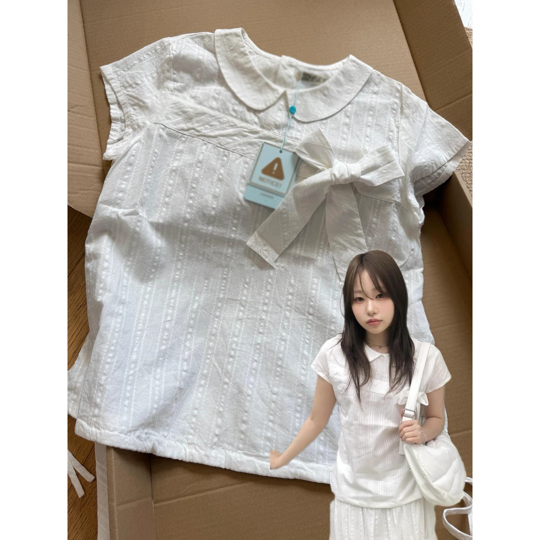 韩系穿搭娃娃领短袖衬衫女夏季蝴蝶结系带收腰衬衣修身显瘦上衣