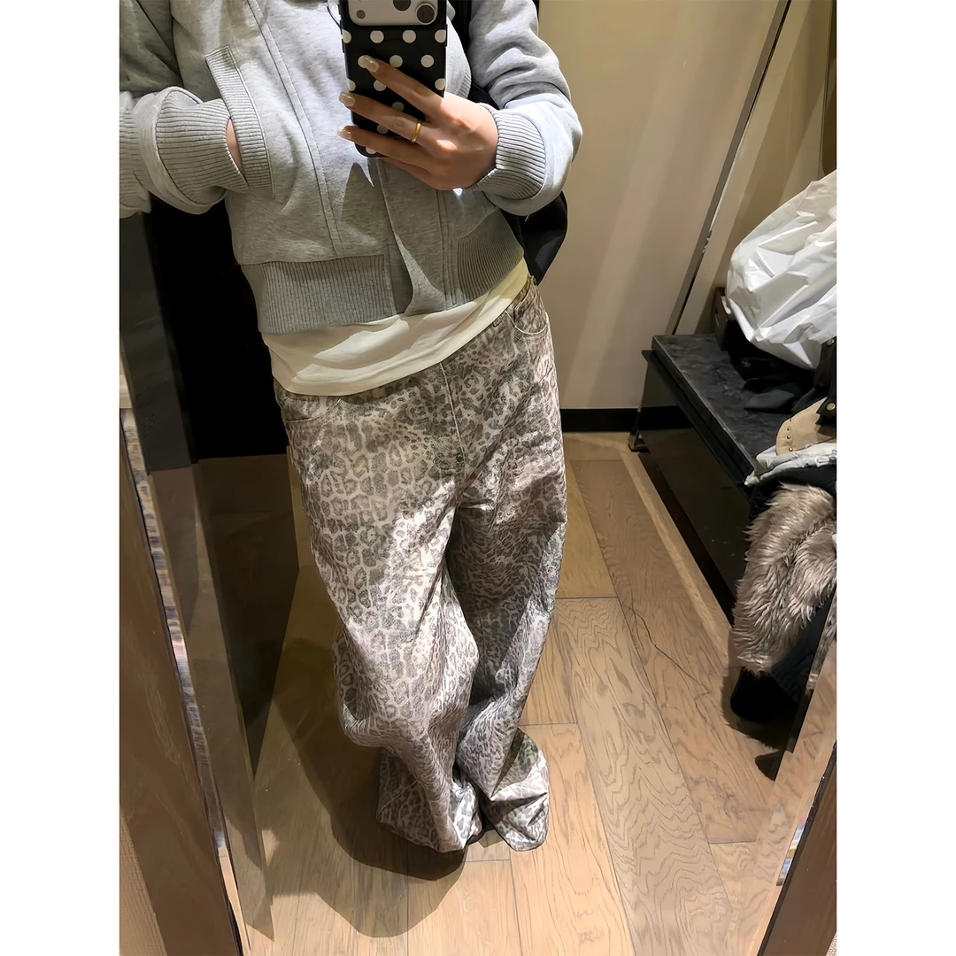 F383 美式复古水洗做旧豹纹牛仔裤男女潮牌宽松直筒休闲显瘦裤子