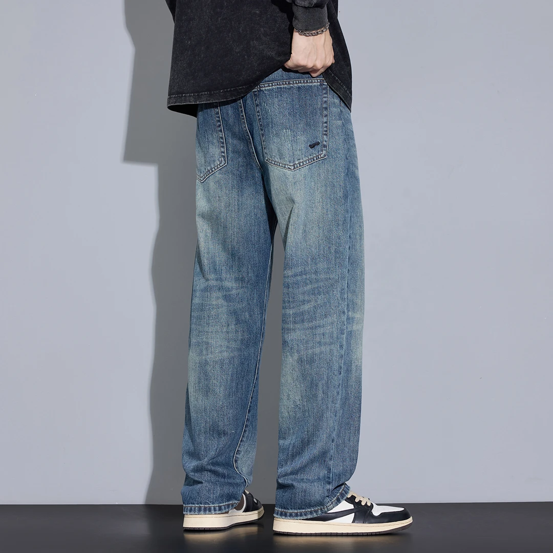 Kuvine刺绣2025秋季新款宽松直筒高街美式水洗阔腿耐磨男士牛仔裤