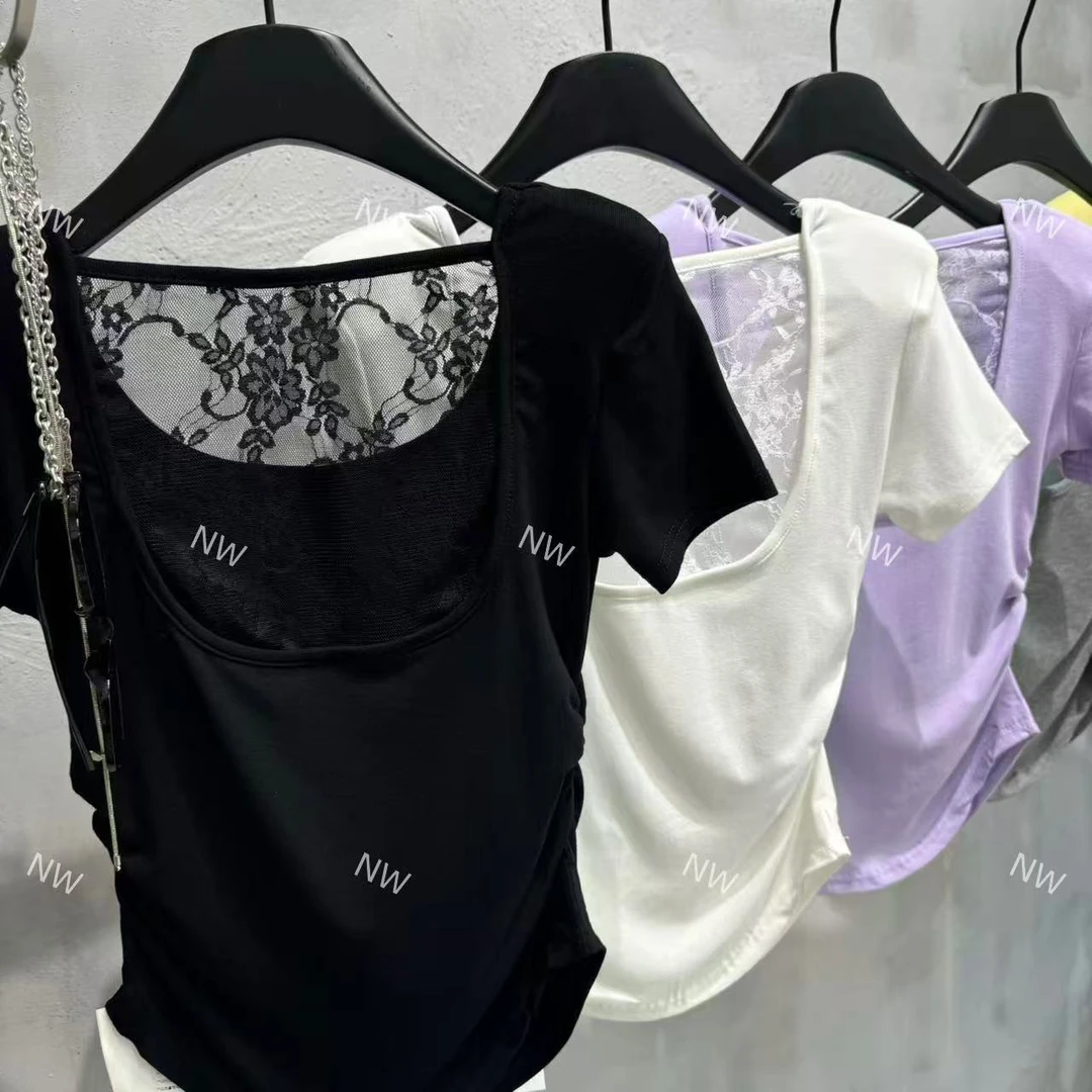 【彤彤同款】露背抽褶镂空蕾丝T恤